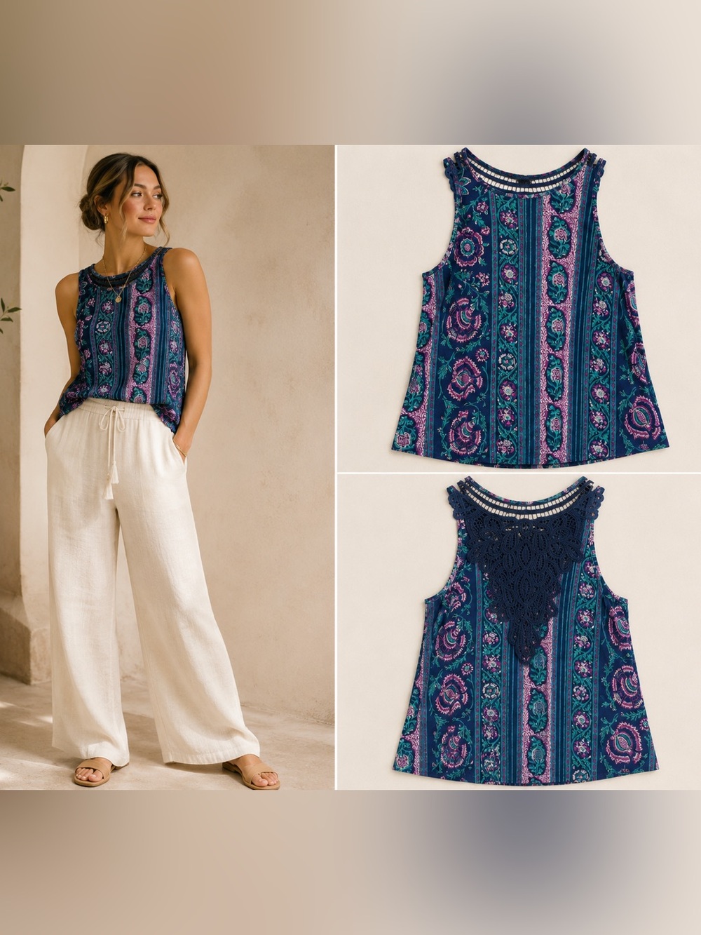 Anthropologie Akemi + Kin Epoca Floral Crochet Back Swing Tank M
